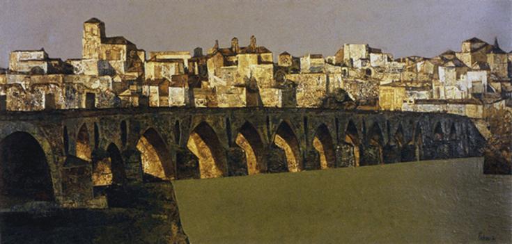 Puente de piedra y zamora. Antonio Pedrero Yéboles [65 x 139]. Óleo sobre lienzo