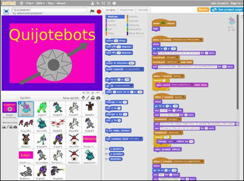 Objetos y programación del proyecto Scratch «Quijotebots».