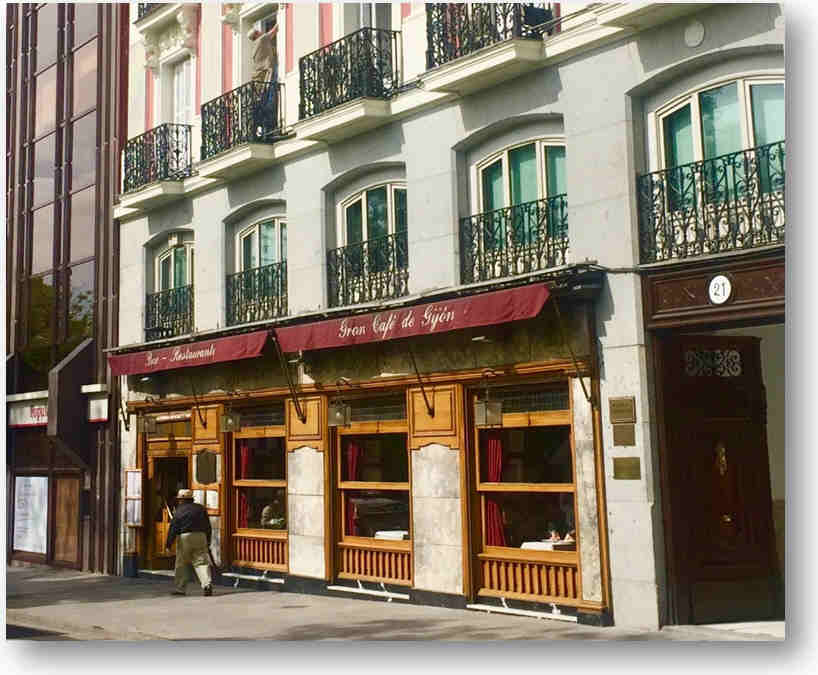 4.	Gran Café Gijón (1888). Estructuras de  madera y mármol. Visitado por renombrados escritores y sede de famosas tertulias literarias.
